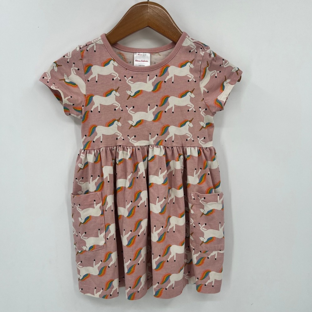 Hanna Andersson 3T Pink Rainbow Unicorn Short Sleeve Pocket Dress 90cm